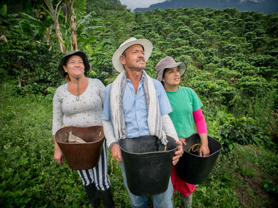 Mexican farmers holding buckets in green field